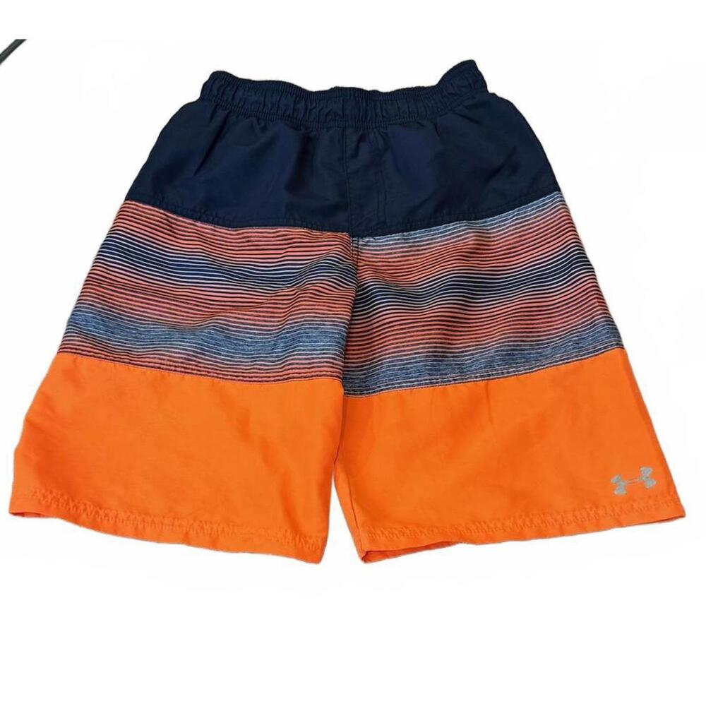 Under Armour Boys Navy Blue & Orange Striped Swim Trunks Youth Large